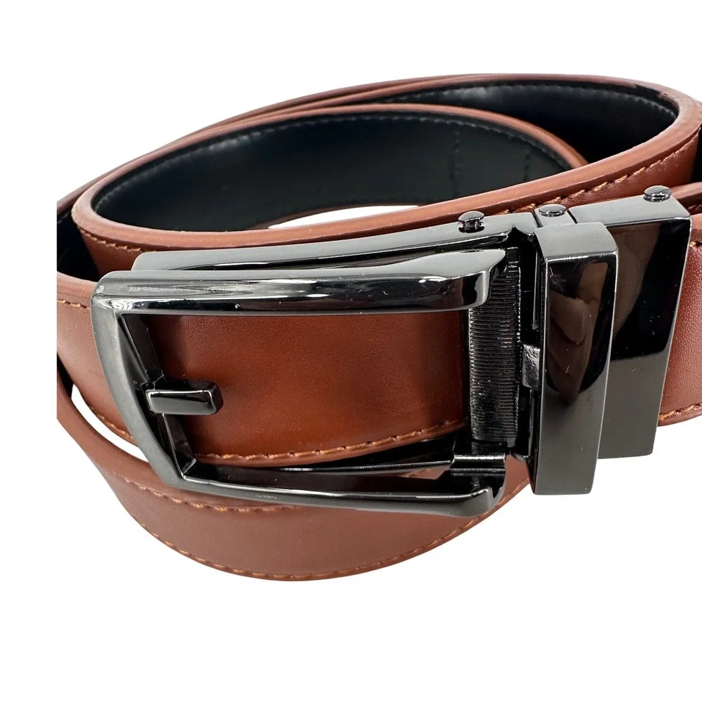 Mens Brown‎ Leather Ratchet Belt Gunmetal Buckle Adjustable Comfort Fit Size 50